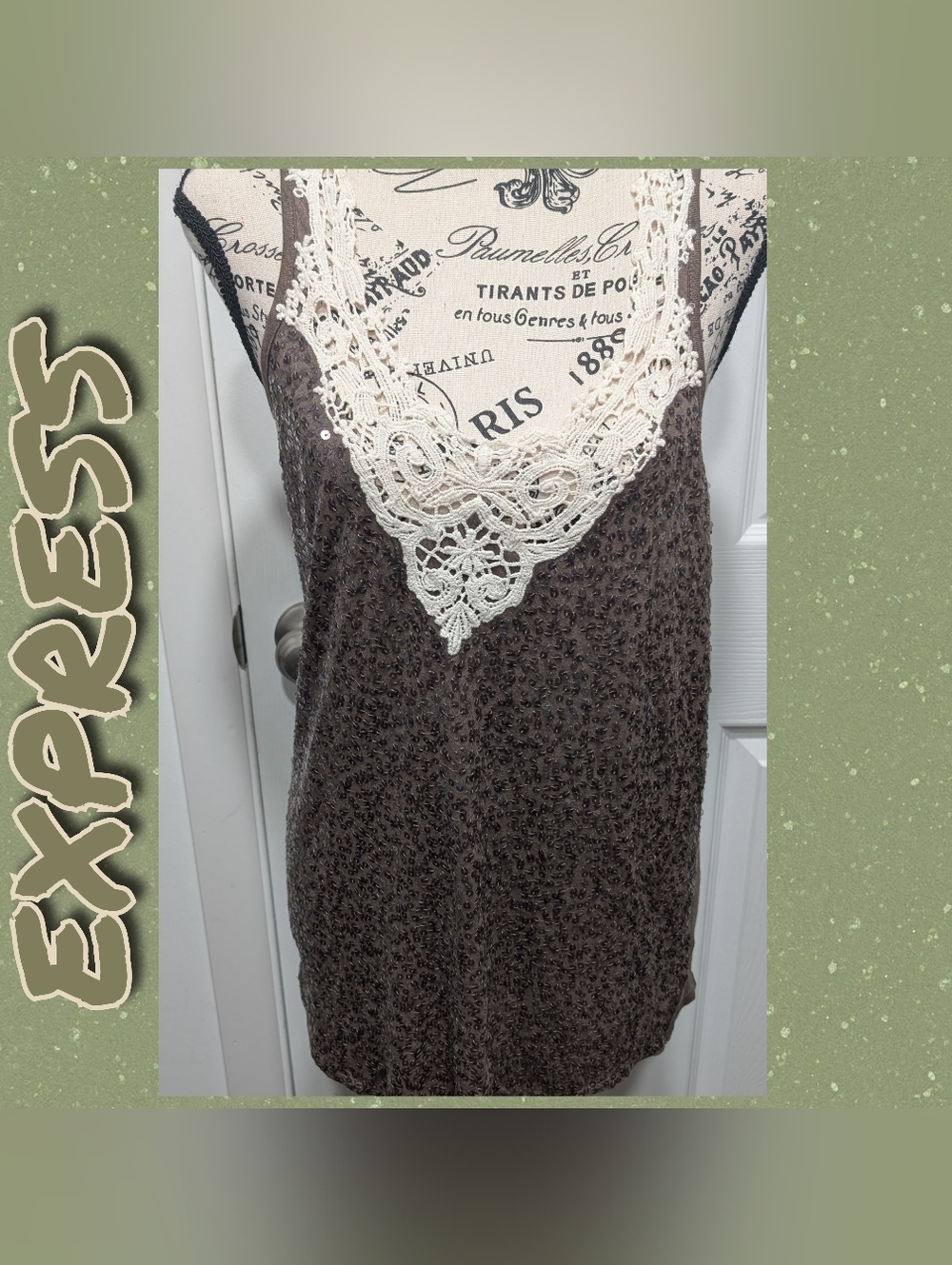 Express Olive Green Tank Top with Cream Crochet V-Neck/Senquince